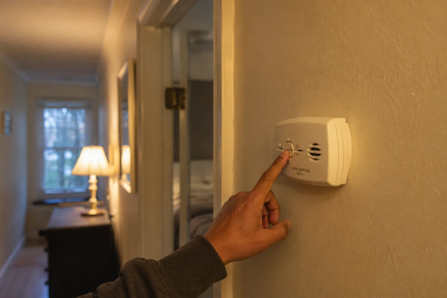 A hand pressing the test button on a carbon monoxide detector mounted in an upstairs hallway outside a bedroom