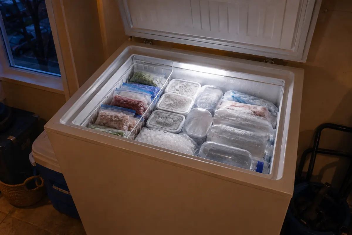 An open chest freezer packed tightly with frozen food, bagged ice and containers of frozen water
