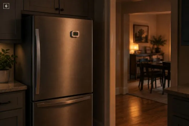 A closed refrigerator with a magnetic thermometer in a dim kitchen