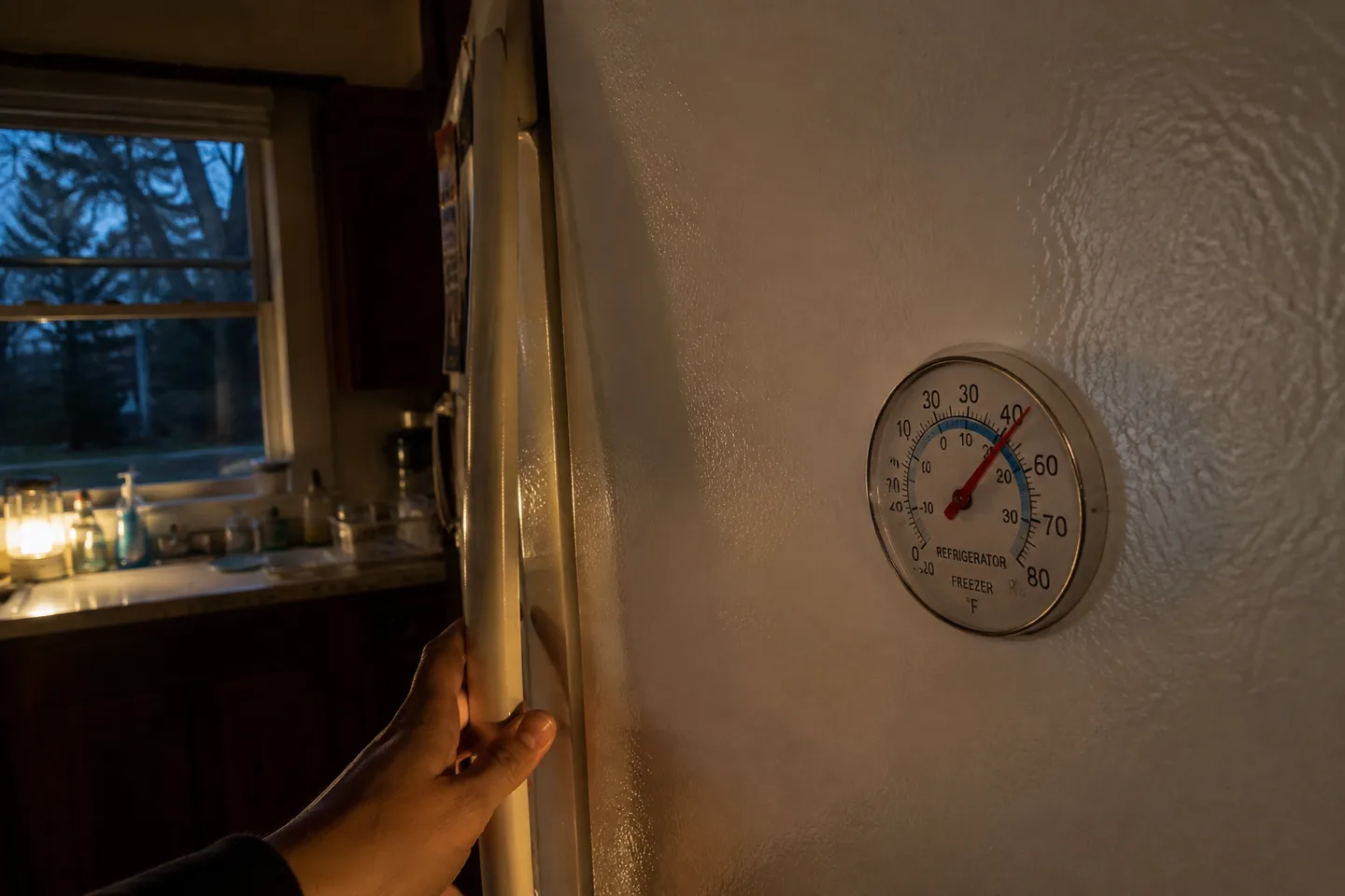 A closed refrigerator door with an appliance thermometer stuck to the front, an adult hand resting on the handle