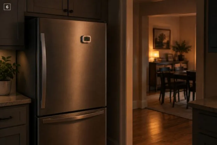 A closed refrigerator with a magnetic thermometer in a dim kitchen