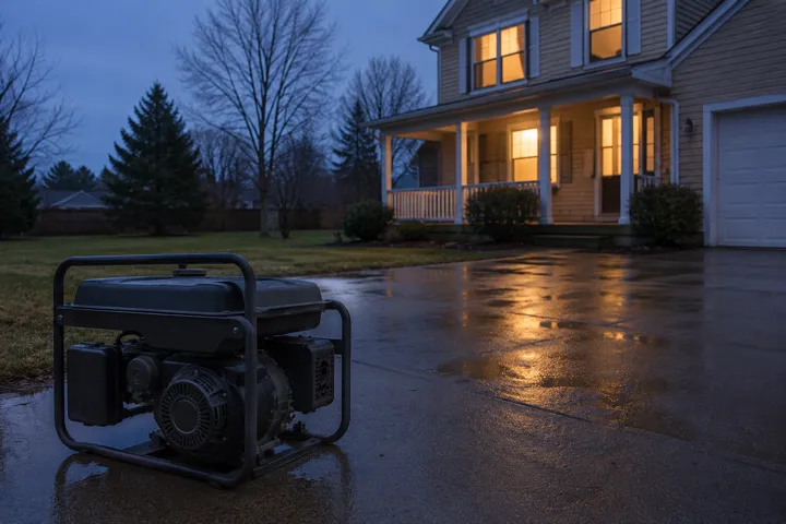 A portable generator running on a driveway well away from a house at dusk