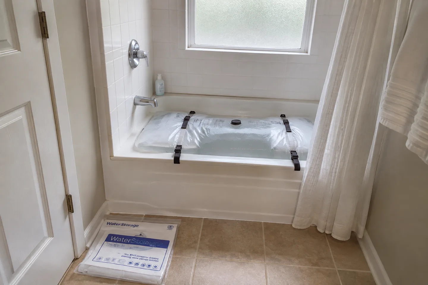 A bathtub water storage bladder laid in a bathtub and part filled with clean water, its packaging on the floor beside it