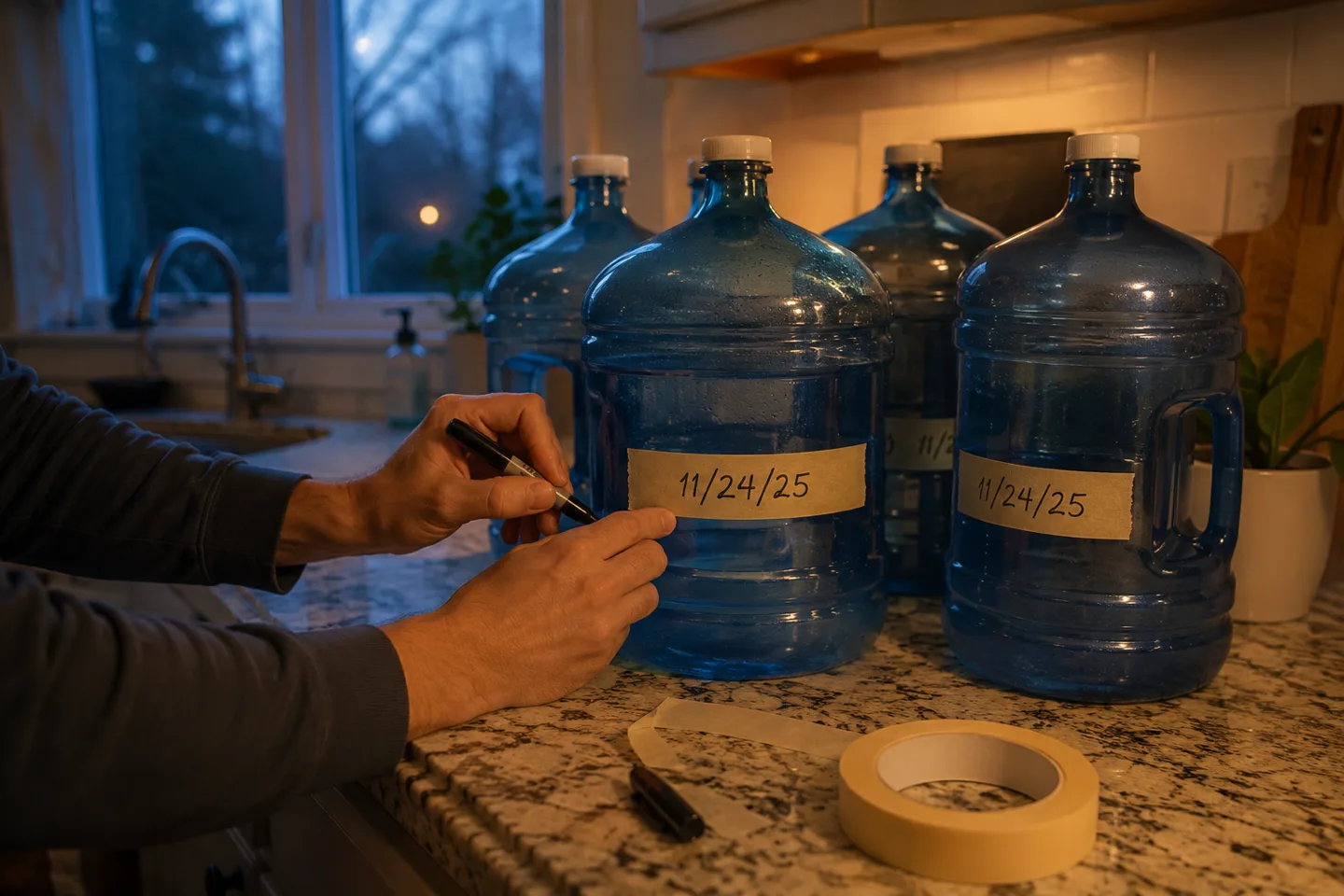 A hand writing a date onto a masking tape label on a blue food-grade water container in a kitchen