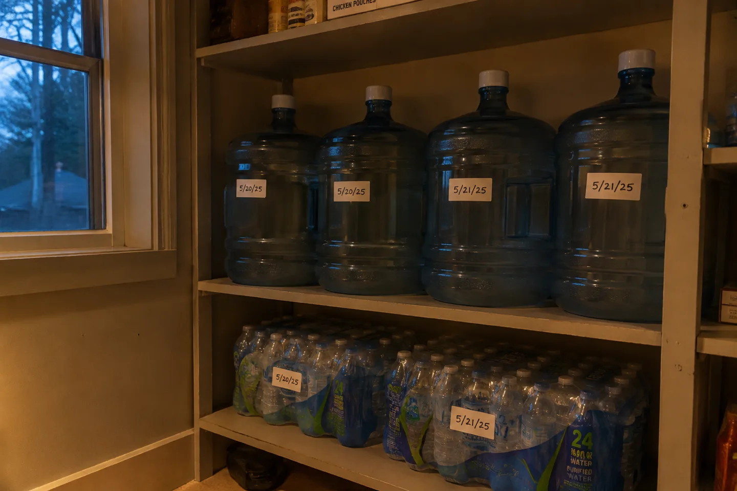 Food-grade water containers and sealed bottled water labelled with dates on a pantry shelf