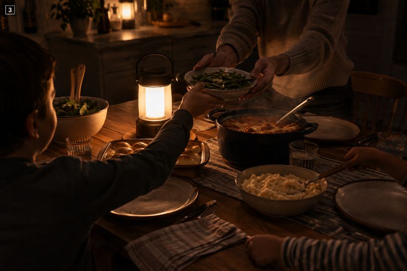 A family passing dishes at a lantern-lit dinner table