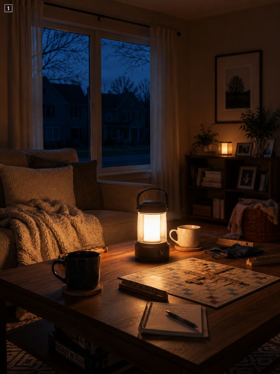 A living room at dusk during an outage, lit by a lantern, with a board game and mugs on the coffee table