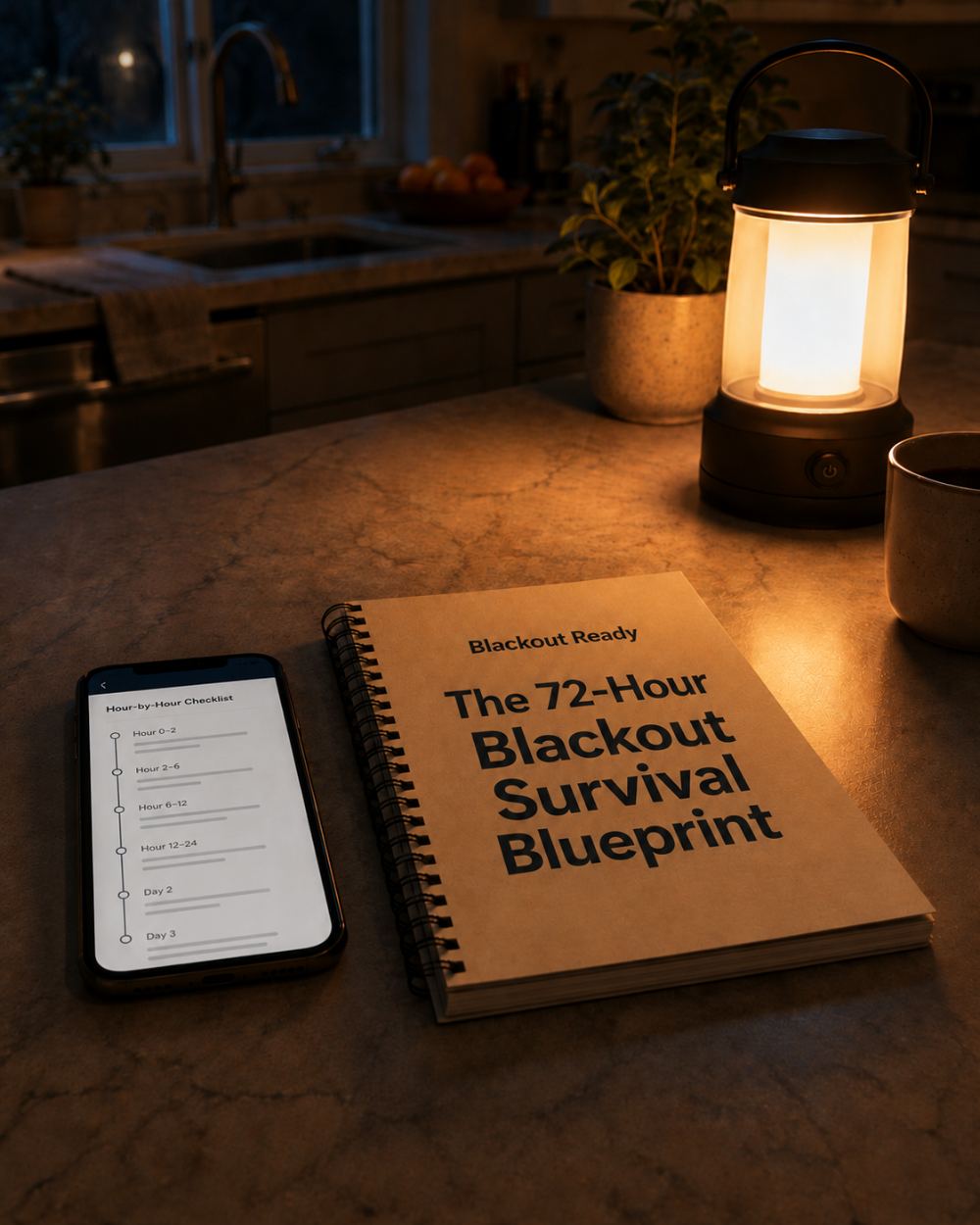 The guide as a printed spiral-bound book and phone edition on a kitchen counter beside a lantern